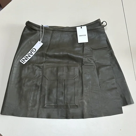 š„š GANNI Lamb leather meranti utility leather wrap skirt with Pocket SIZE 2 - Picture 7 of 12